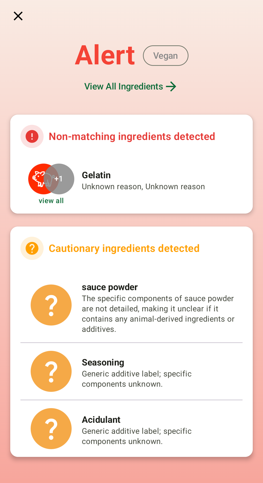 Foodfit Japan alert screen showing incompatible ingredients for your diet