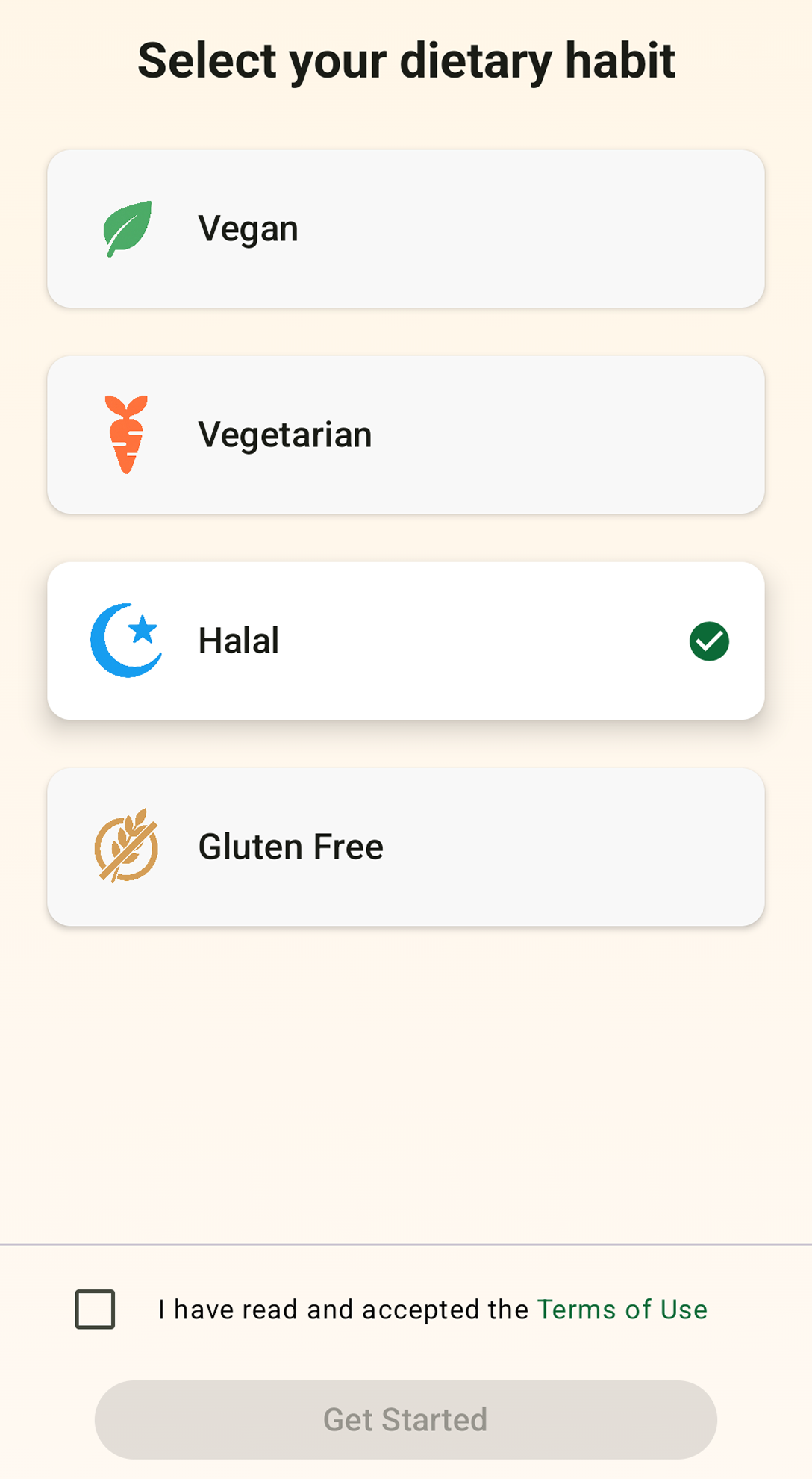 Foodfit Japan dietary preference setup screen for vegan, vegetarian, halal, gluten-free